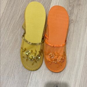 Yellow and Orange Embellished Slide Sandals